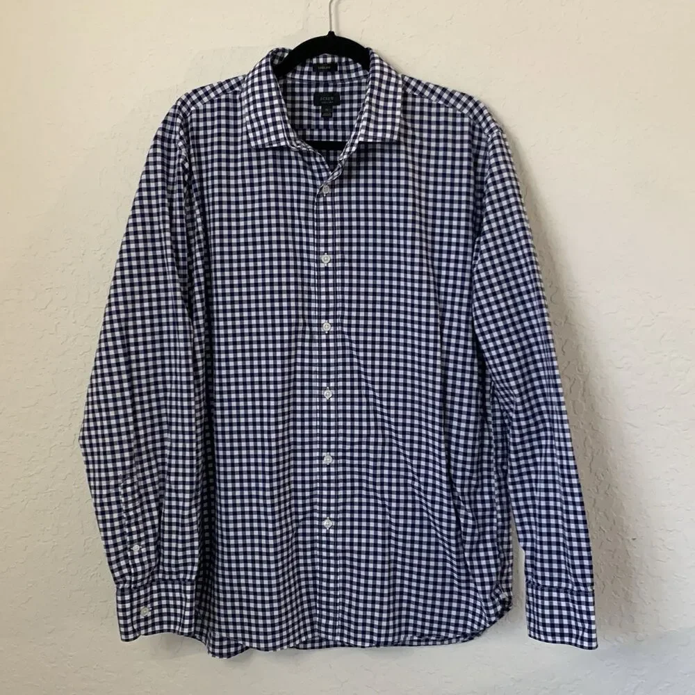J Crew Ludlow Shirt 120s 2 Ply Cotton Men XL Blue‎ White Gingham Plaid Button Up